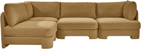 Tan velvet armless sectional sofa with wide seat cushions and rounded arms