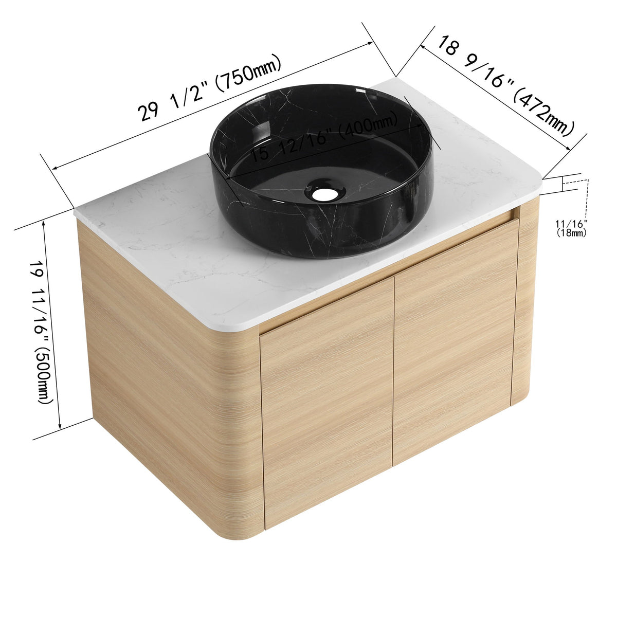 Bathroom vanity with two doors, light wood finish, white countertop, black round vessel sink