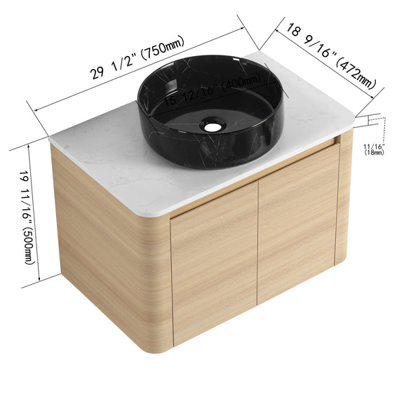 Bathroom vanity with two doors, light wood finish, white countertop, black round vessel sink