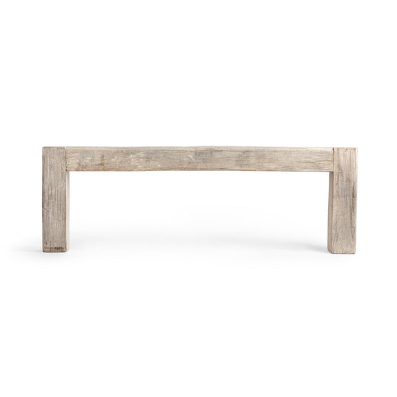 Console table in light reclaimed wood with straight apron detail and thick legs.