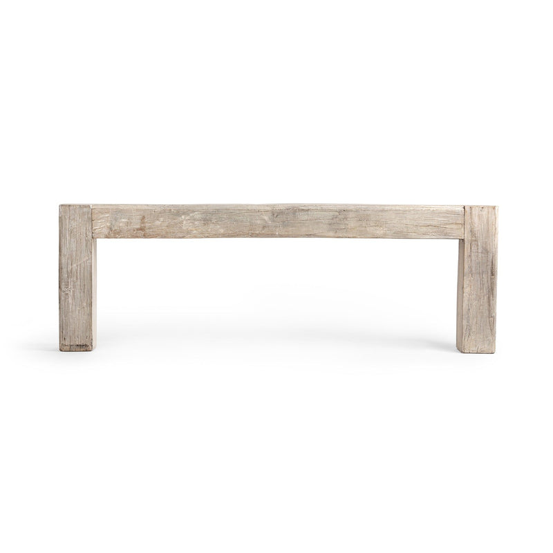 Console table in light reclaimed wood with straight apron detail and thick legs.