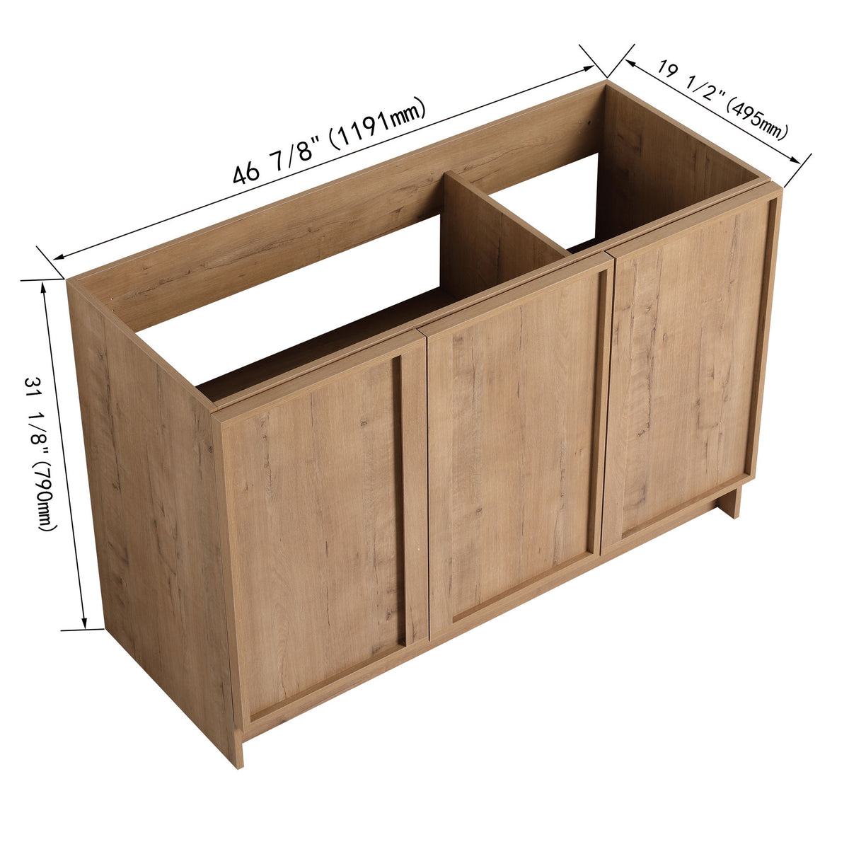 Freestanding bathroom vanity with four doors; height and width measurements shown
