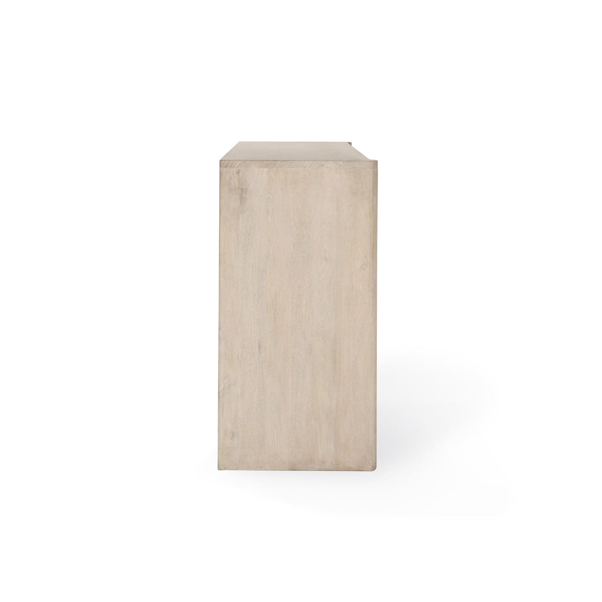 White wash wood 4-door buffet cabinet end panel view