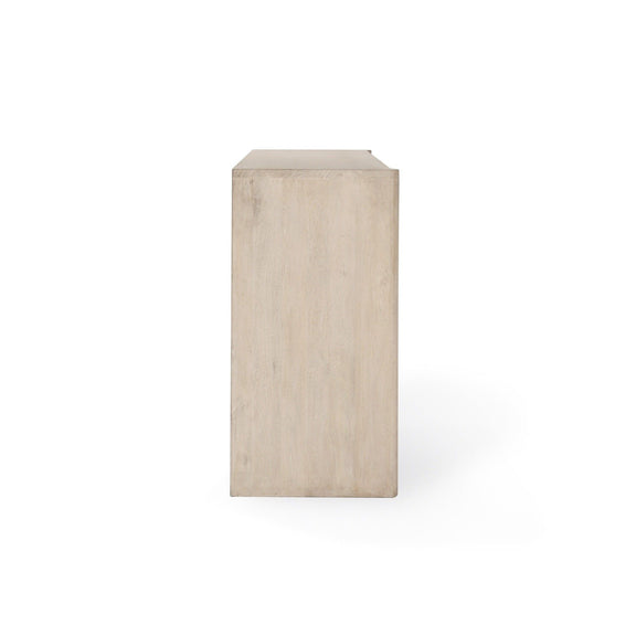 White wash wood 4-door buffet cabinet end panel view