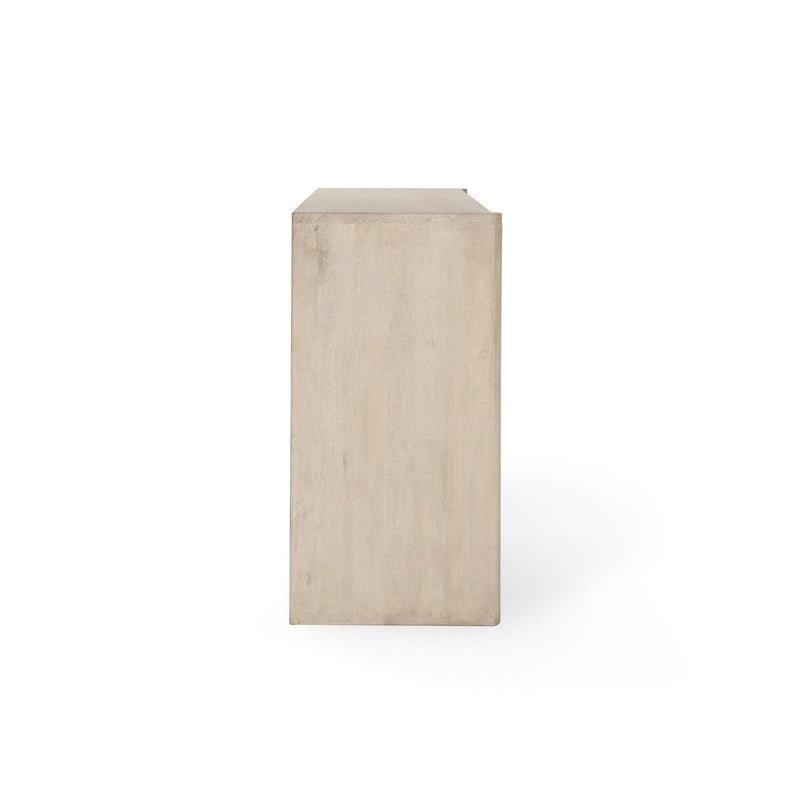White wash wood 4-door buffet cabinet end panel view
