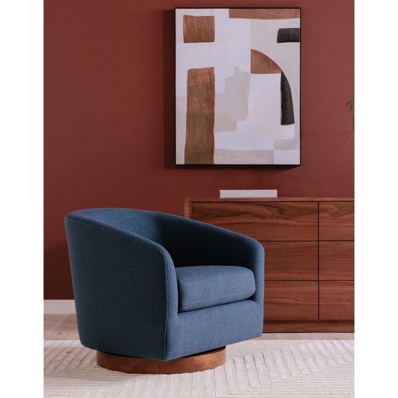 Blue swivel chair with rounded arms and padded seat cushion, angled view