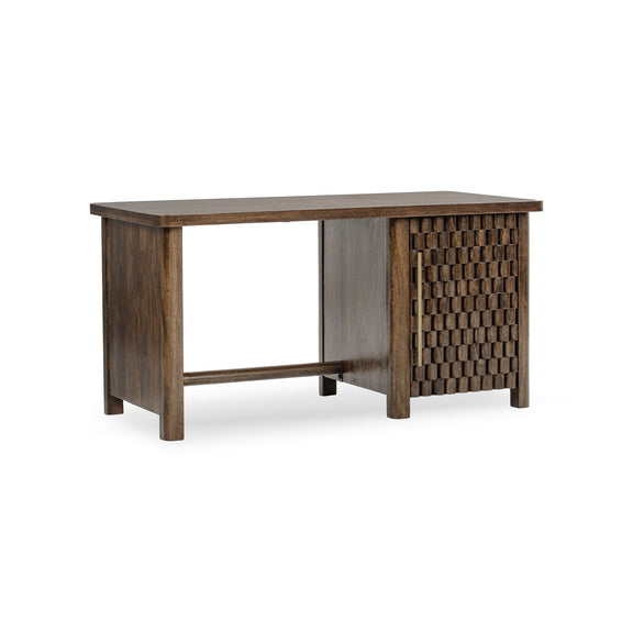 Bark brown wooden desk featuring a textured woven side panel