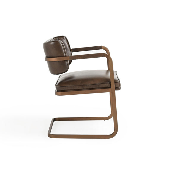Dark brown dining chair with padded seat and back, and wood-tone cantilever frame