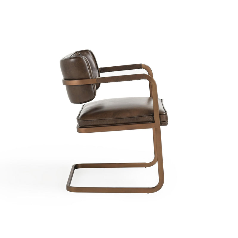 Dark brown dining chair with padded seat and back, and wood-tone cantilever frame
