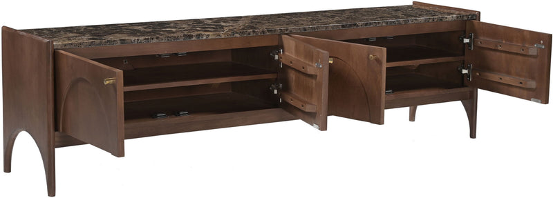 Mango wood media console with hinged doors open to reveal shelves