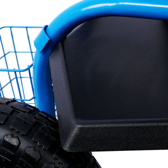 Black padded seat on blue garden scooter cart frame with front wheel tread