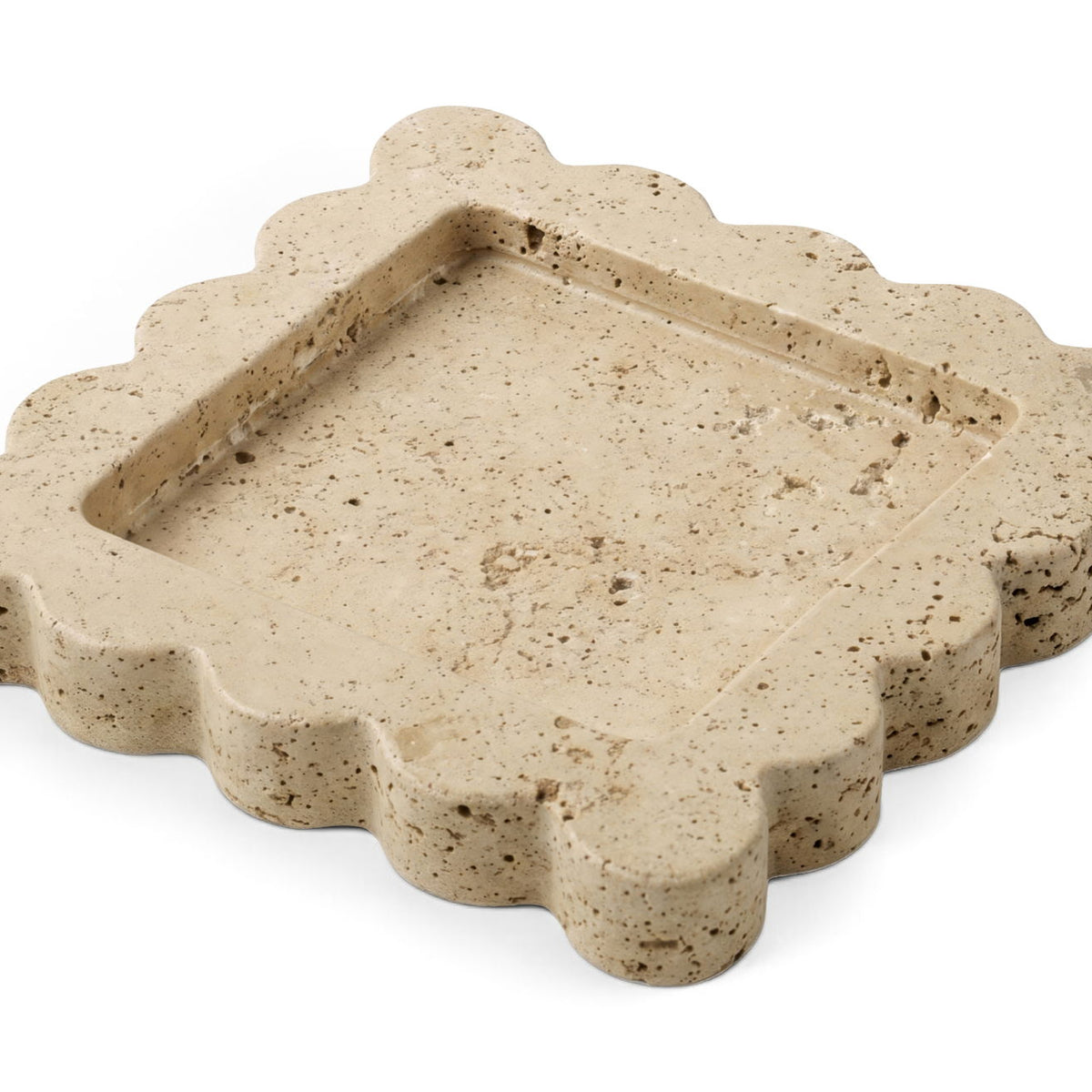 Natalie travertine tray with scalloped rim; speckled beige stone and recessed inner tray.