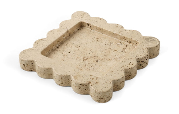 Natalie travertine tray with scalloped rim; speckled beige stone and recessed inner tray.