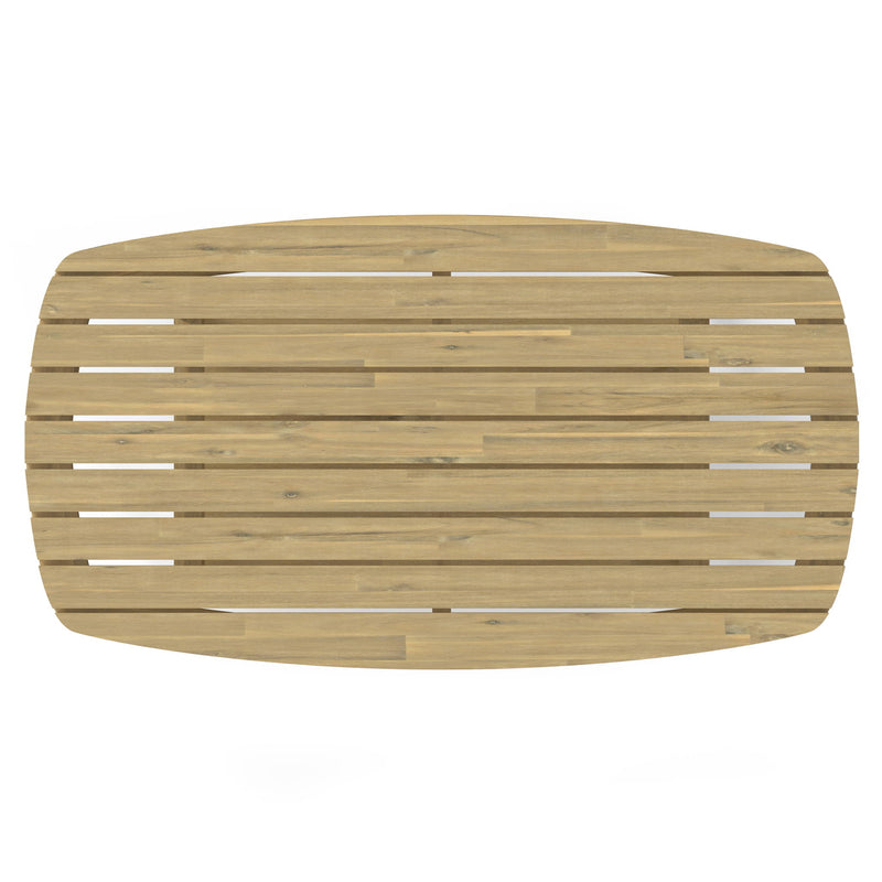 Light teak outdoor coffee table with slatted top, rounded corners, and lower shelf