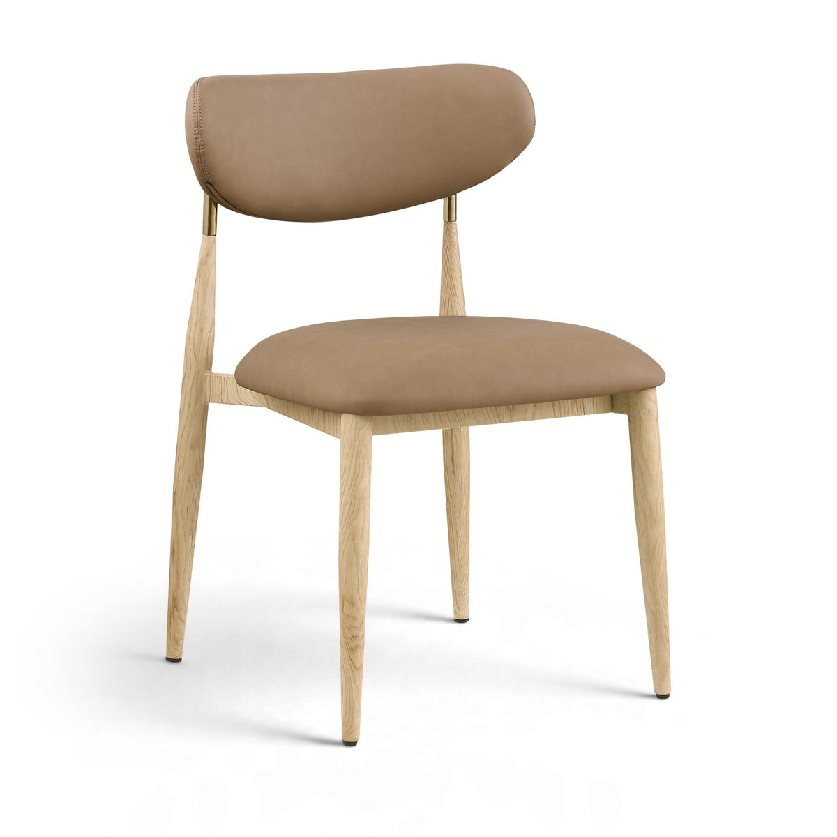 Brown upholstered dining side chair with light wood legs and brass accents