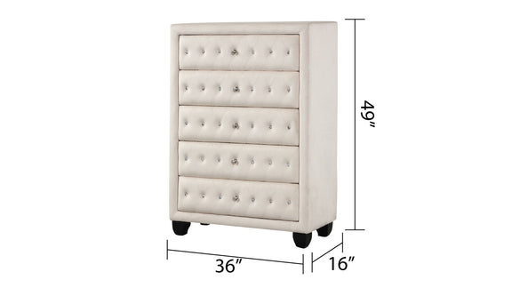 Beige 5-drawer upholstered chest, 36W x 16D x 49H, tufted fronts, dark feet.