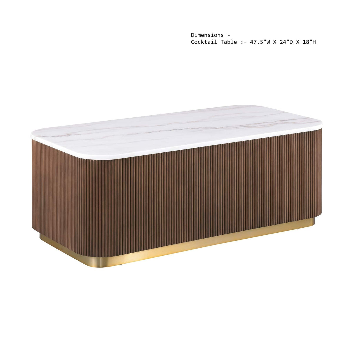 Brown ribbed rectangular cocktail table, white marble top, gold base