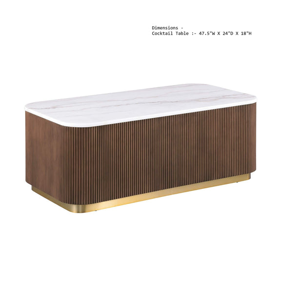 Brown ribbed rectangular cocktail table, white marble top, gold base