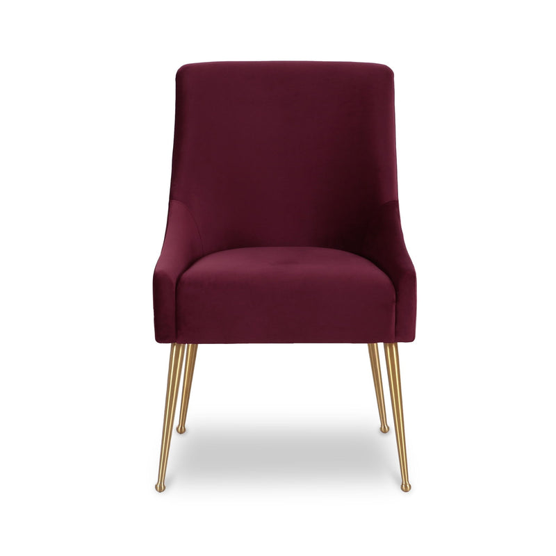 Burgundy velvet side chair with upholstered seat and gold-toned metal legs