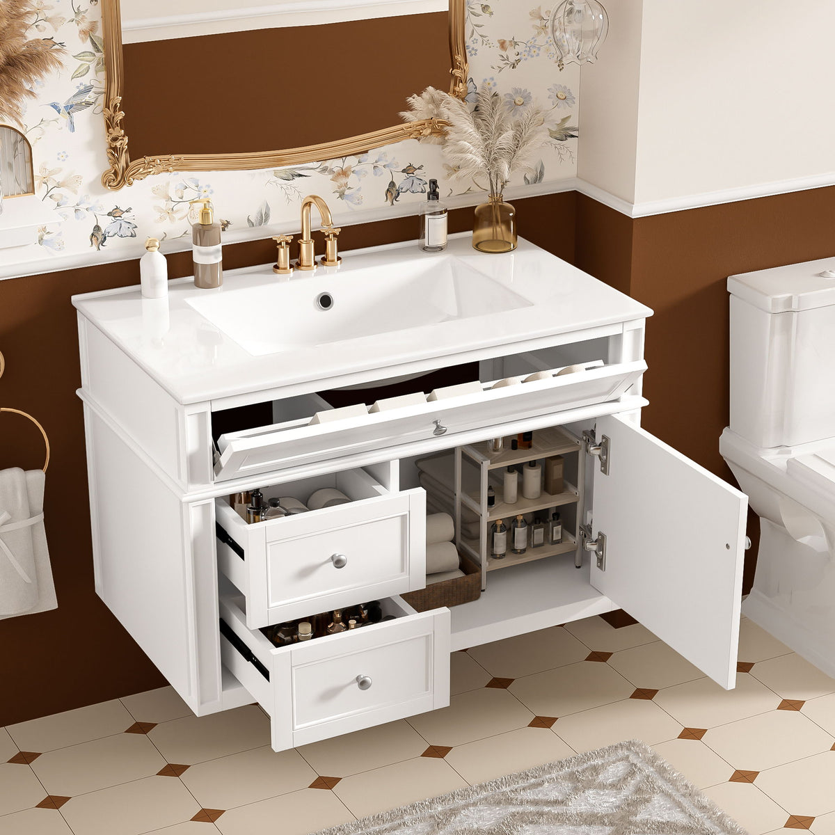 White vanity with sink and open drawers and cabinet door showing storage.