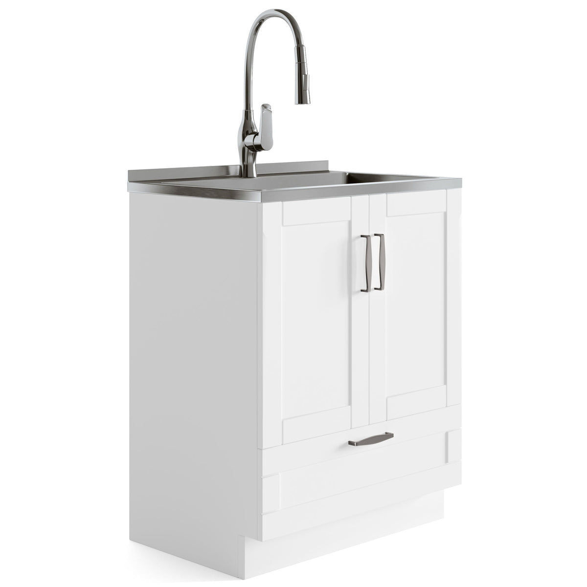 White laundry cabinet with stainless sink and pull-out faucet, side view with cabinet doors.