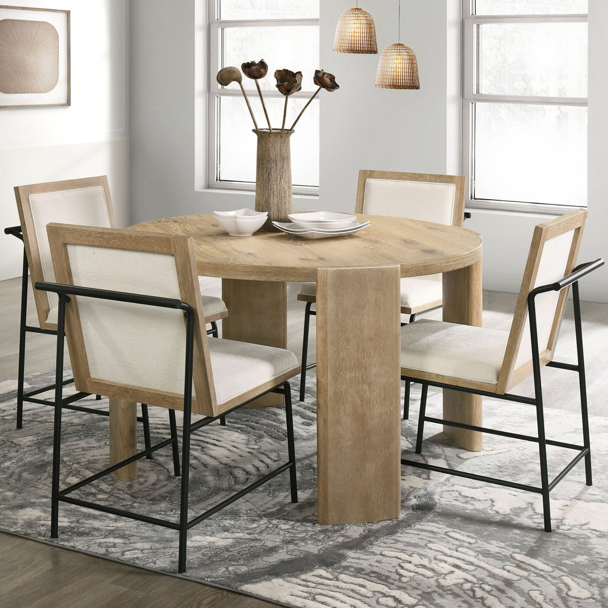 Bowen - Round Dining Table With Cream Color Upholstered Chairs (Set of 5) - Oak Finish