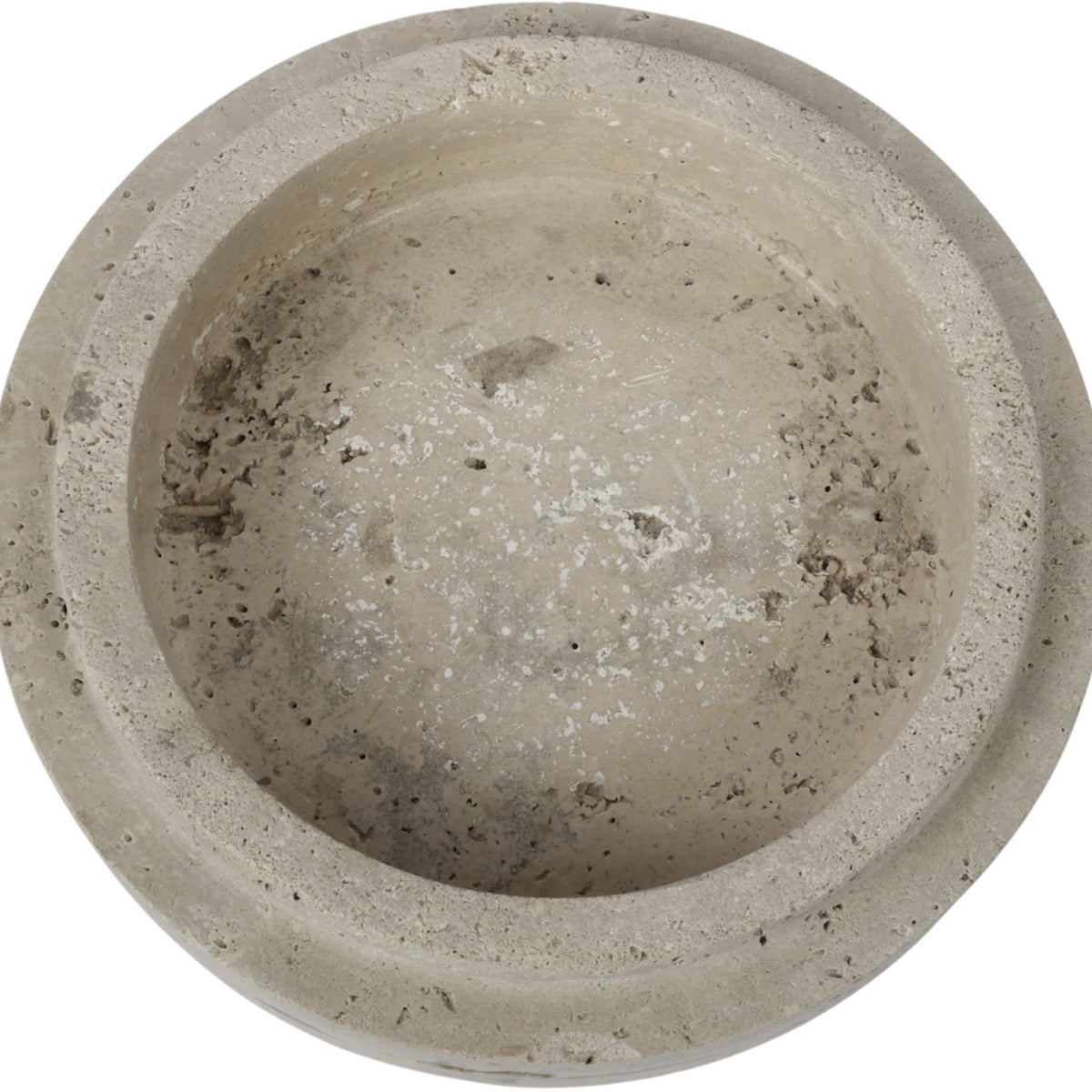 Travertine bowl by Parsons, light beige stone with speckles and smooth circular interior