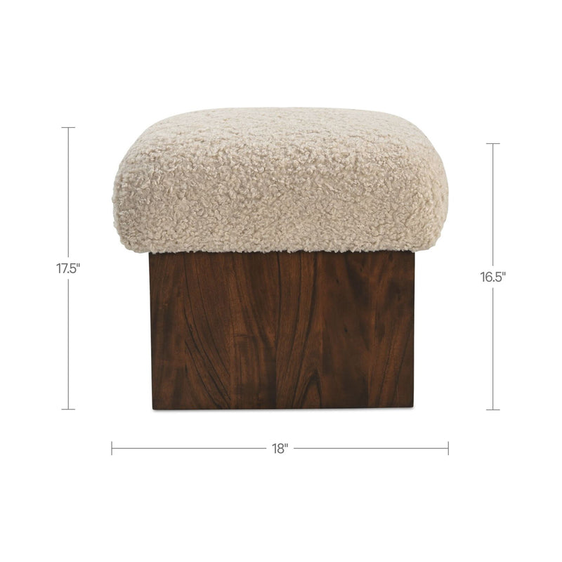 Cream faux shearling ottoman, 18in wide, 17.5in high, 16.5in deep