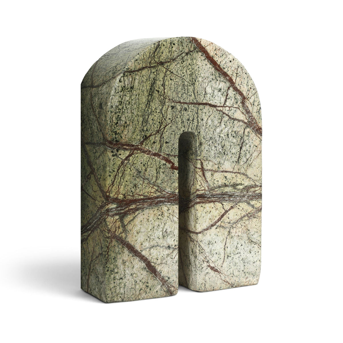 Green marble bookend with arched cutout, reddish-brown vein lines