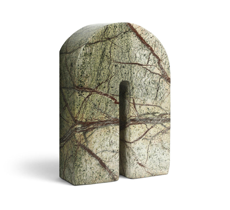 Green marble bookend with arched cutout, reddish-brown vein lines
