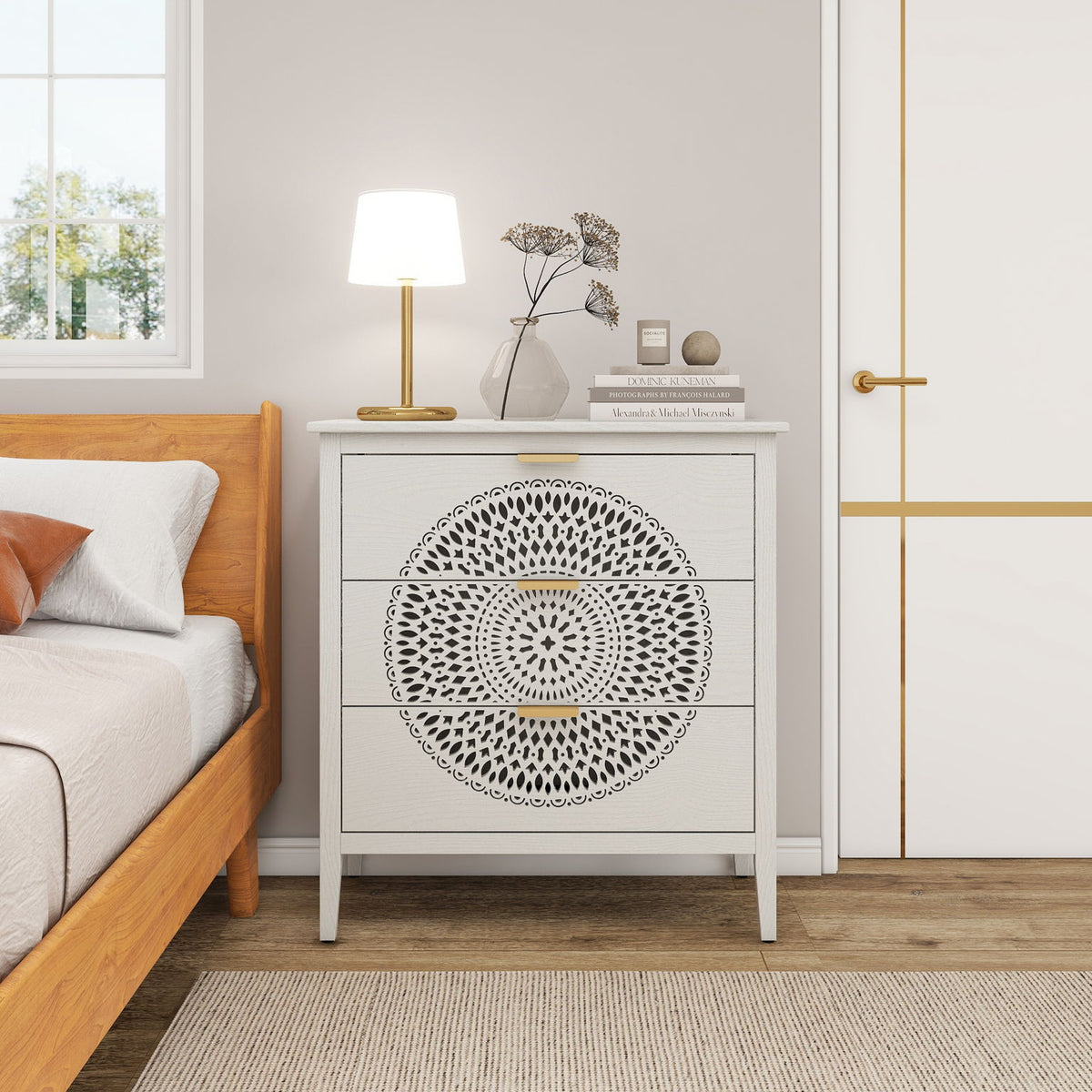 3 Drawer Cabinet With Hollow Carved 3 Drawer Dresser Storage Chest With Metal Handles For Entryway Living Room Bedroom - Beige