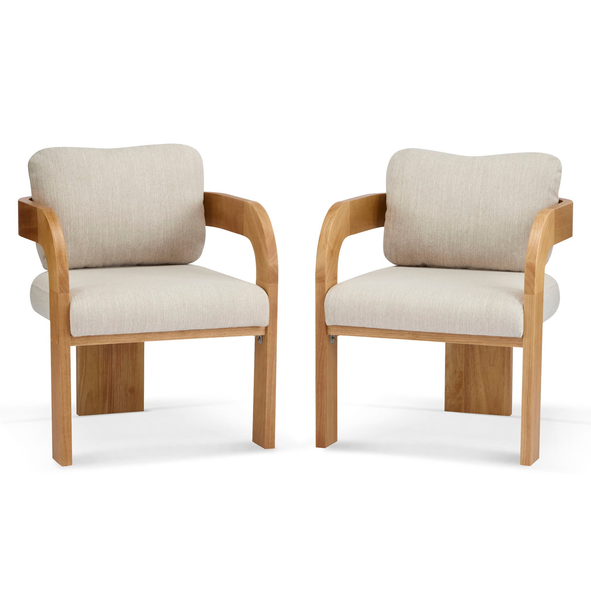 Pair of beige upholstered dining chairs with cushioned backs and curved wood arms