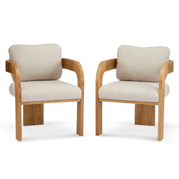 Pair of beige upholstered dining chairs with cushioned backs and curved wood arms