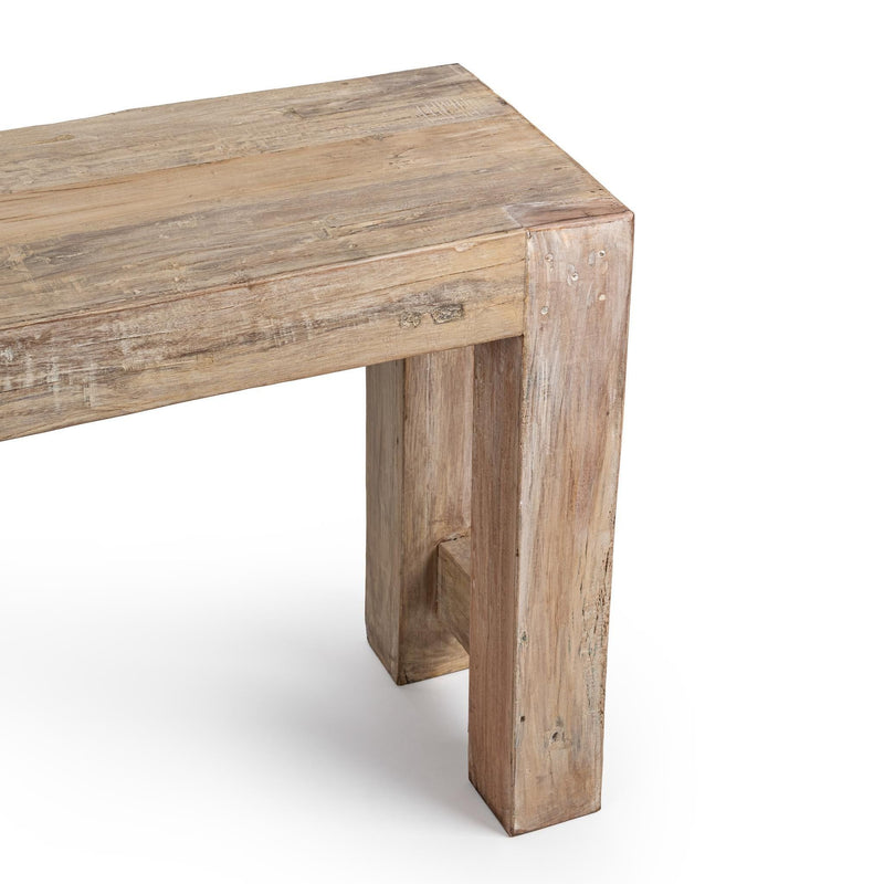 Rustic wooden table with overhanging top and chunky mortise-style legs
