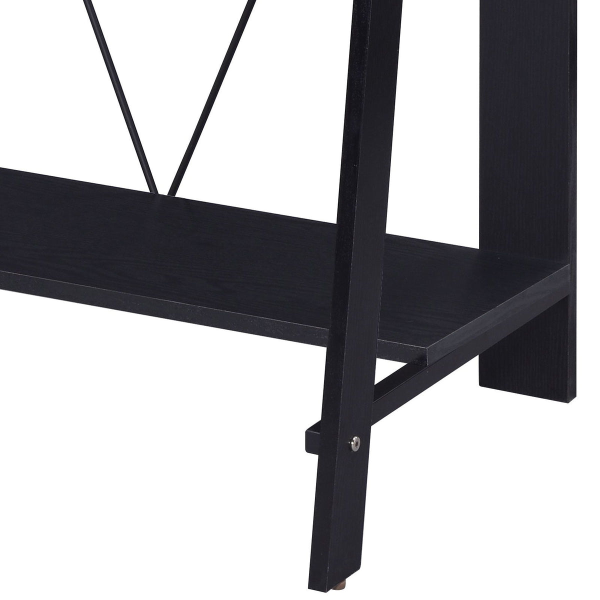 Dark writing desk corner with lower shelf and X-brace frame, with foot detail