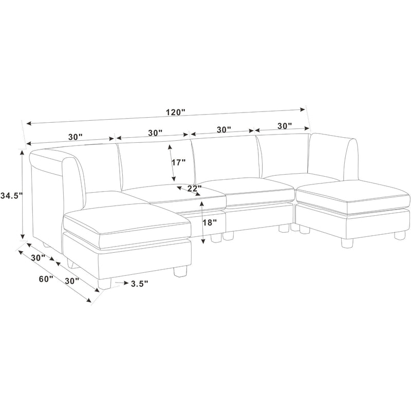 Upholstered modular sectional sofa with chaise and ottoman-style seat blocks