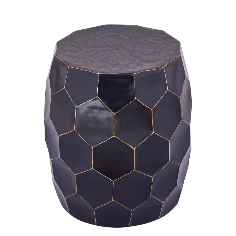 Round end table with dark geometric hex pattern sides and textured top