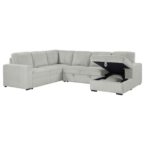 Light gray sectional with pop-up bed storage; open bed compartment reveals mattress