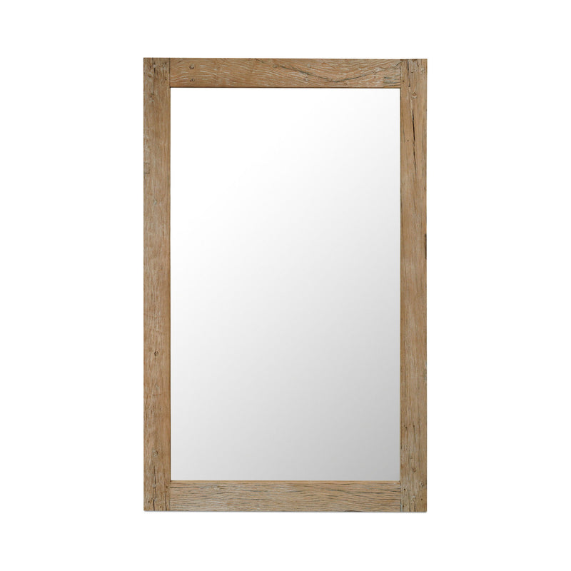 Reclaimed wood floor mirror with rectangular frame, natural finish and clear glass