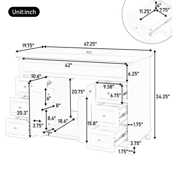 White bathroom vanity cabinet size diagram with six drawers and double doors