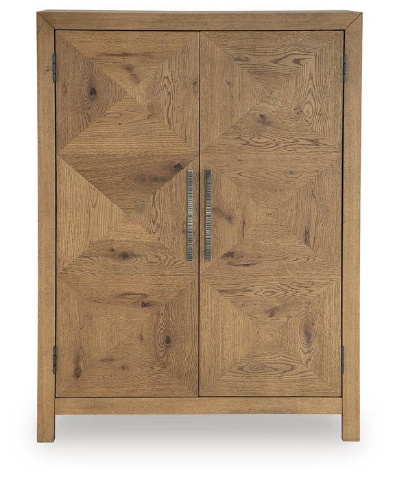 Light brown bar cabinet with two panel doors and vertical bar handles, front view