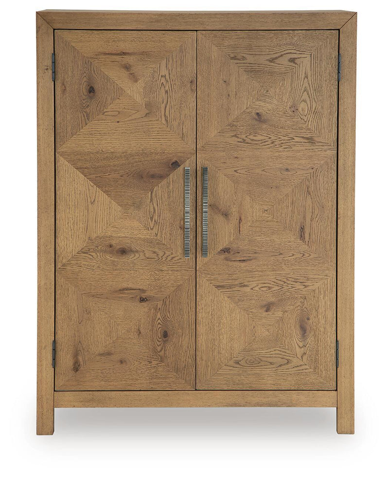 Light brown bar cabinet with two panel doors and vertical bar handles, front view