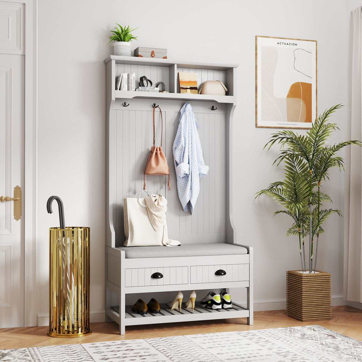 Modern 3 In 1 Hallway Hall Tree With Storage Drawers, Coat Rack, Shoe Rack Bench And Cushion
