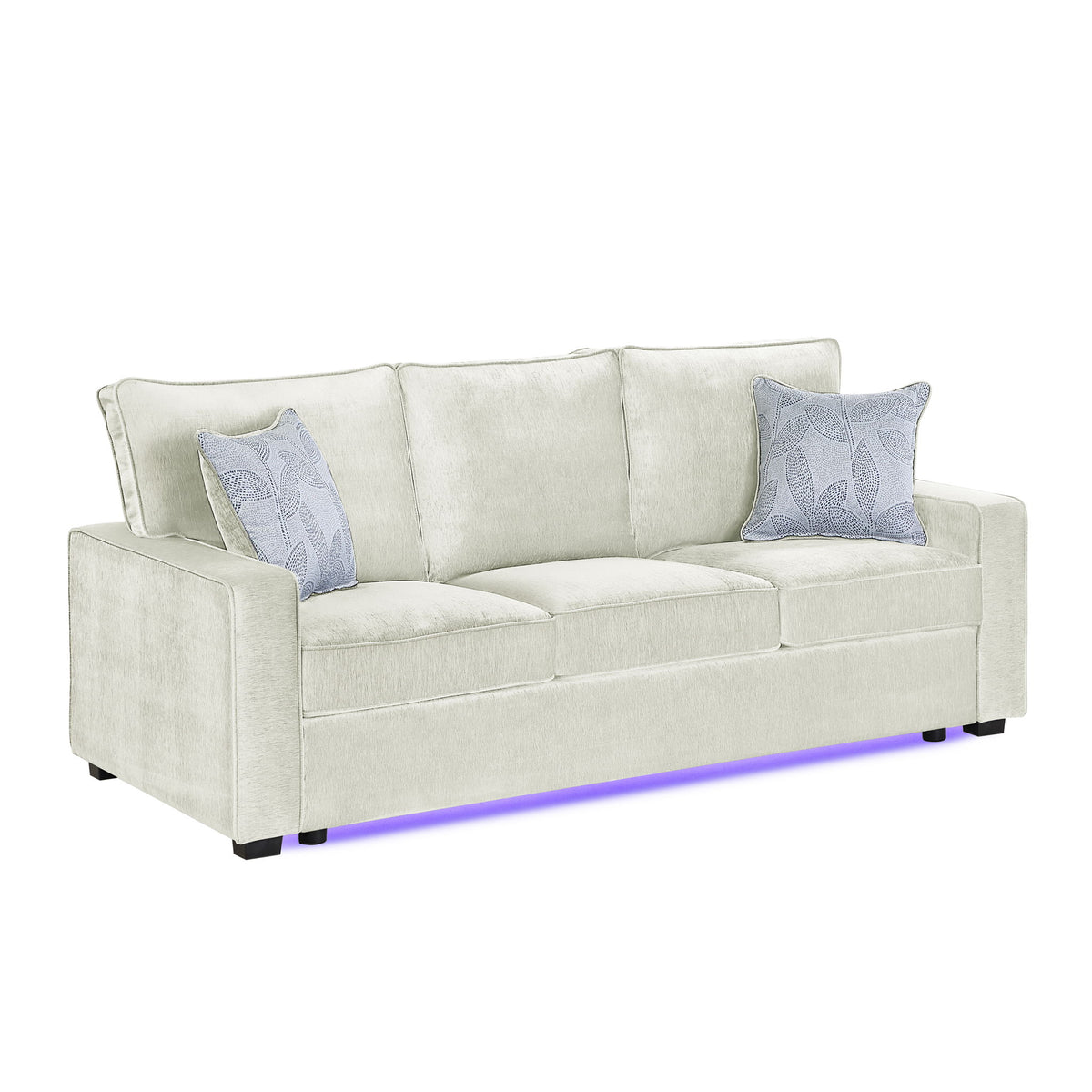 Light beige upholstered 3-seat sofa with squared arms, 2 throw pillows, and LED base light