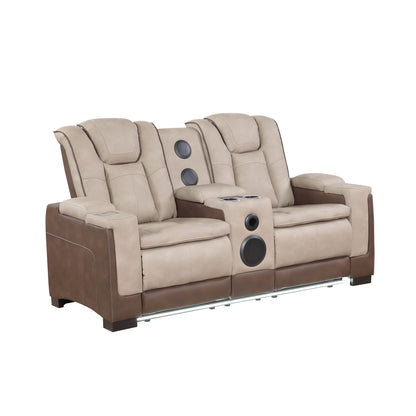 Power reclining loveseat with Bluetooth speakers, light brown upholstery and built-in speaker panel