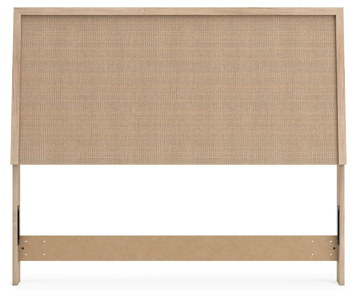 Beige woven panel headboard with light wood frame and bottom support rail