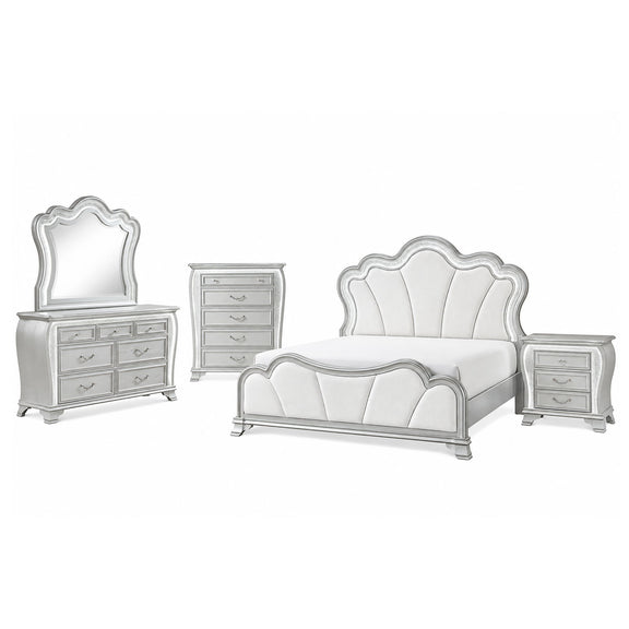 Silver bedroom furniture set featuring upholstered bed and matching dresser with two nightstands