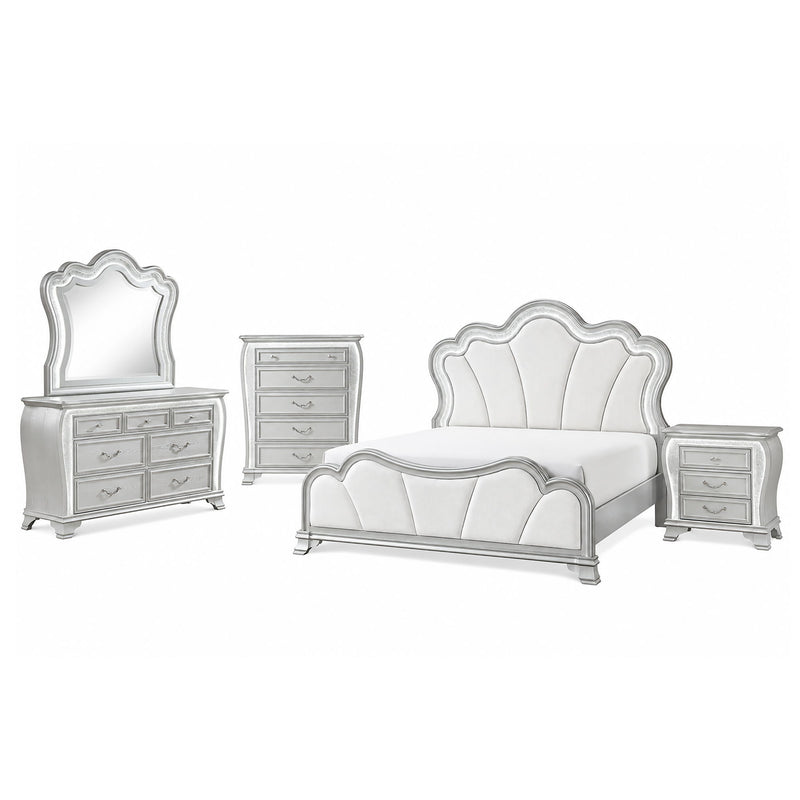 Silver bedroom furniture set featuring upholstered bed and matching dresser with two nightstands