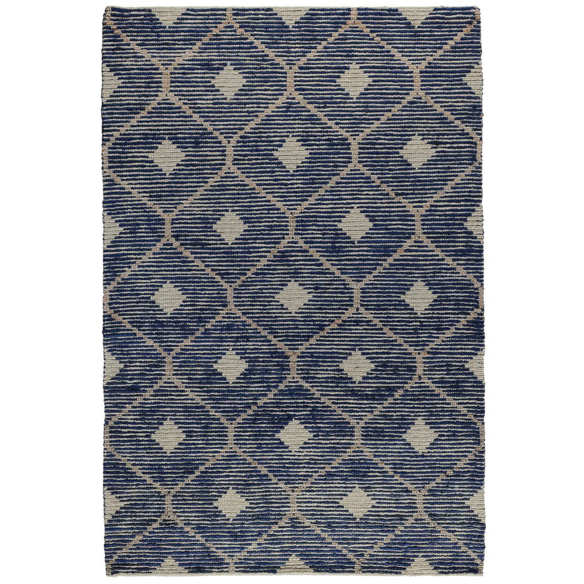 Indigo and cream geometric diamond lattice rug, rectangular area rug.