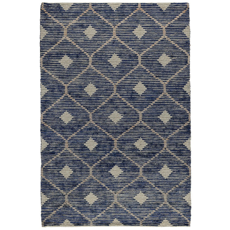 Indigo and cream geometric diamond lattice rug, rectangular area rug.